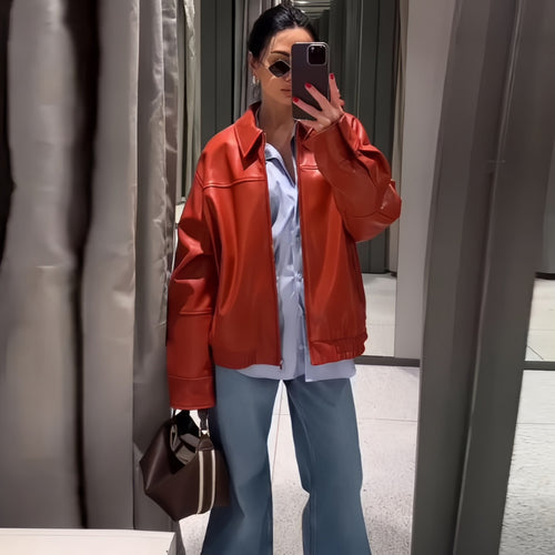 Damen Oversized Kunstlederjacke mit großzügigem Schnitt und modischen Details Drune