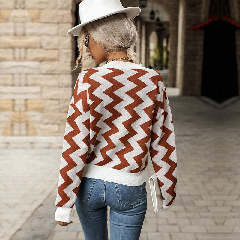 Damen lässiger Strickpullover im modernen Zickzackmuster Drune