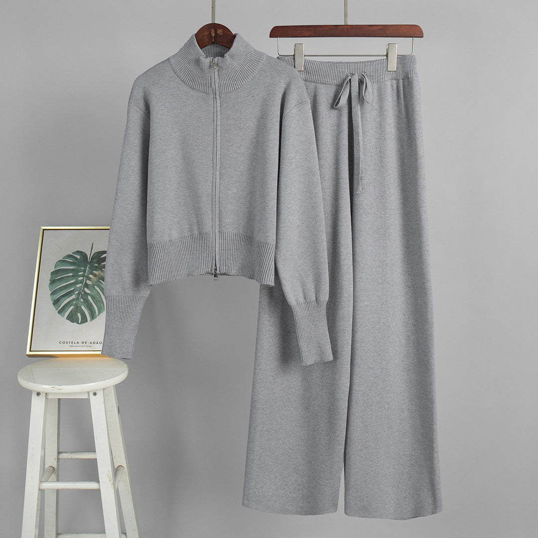 Damen Modisches Strickensemble mit Zip-Kragen und weitem Schnitt Drune