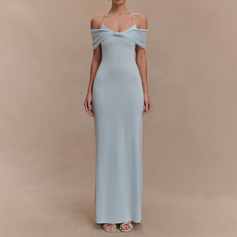 Damen Elegantes Maxi-Kleid mit schulterfreien Raffungen Drune