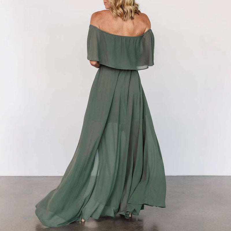 Damen elegantes Maxi-Kleid mit Off-Shoulder Design und seitlichem Schlitz Drune