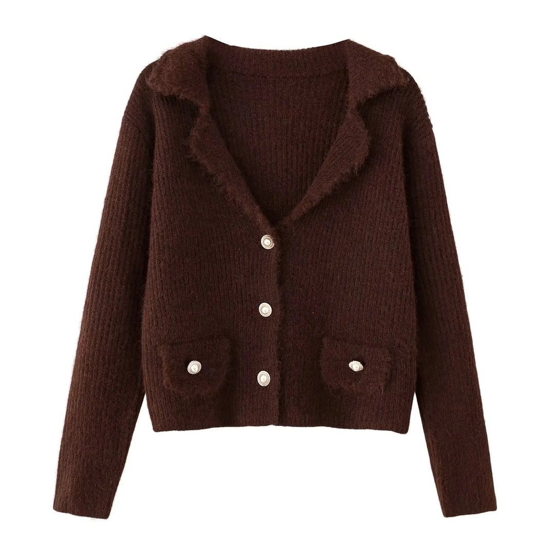 Damen modische Wohlfühl-Strickjacke mit elegantem Kragen und praktischen Taschen Drune