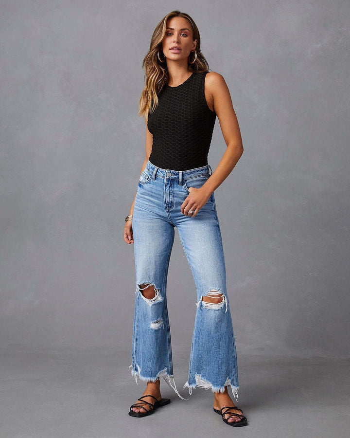 Damen nan hochgeschnittene ausgestellte Destroyed-Jeans mit Knieausfransungen und rohem Saum Drune