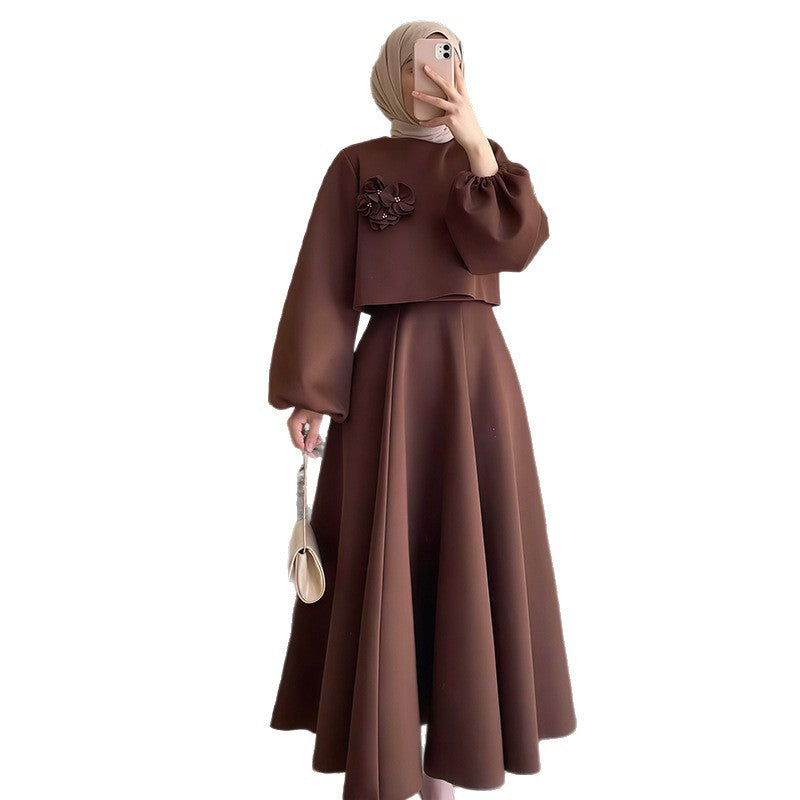 Damen Elegantes Maxi-Kleid mit Puffärmeln und dekorativem Blumen-Detail Drune