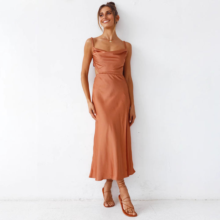 Damen Satin Maxikleid mit elegantem Wickeldesign und raffinierten Rüschen Drune