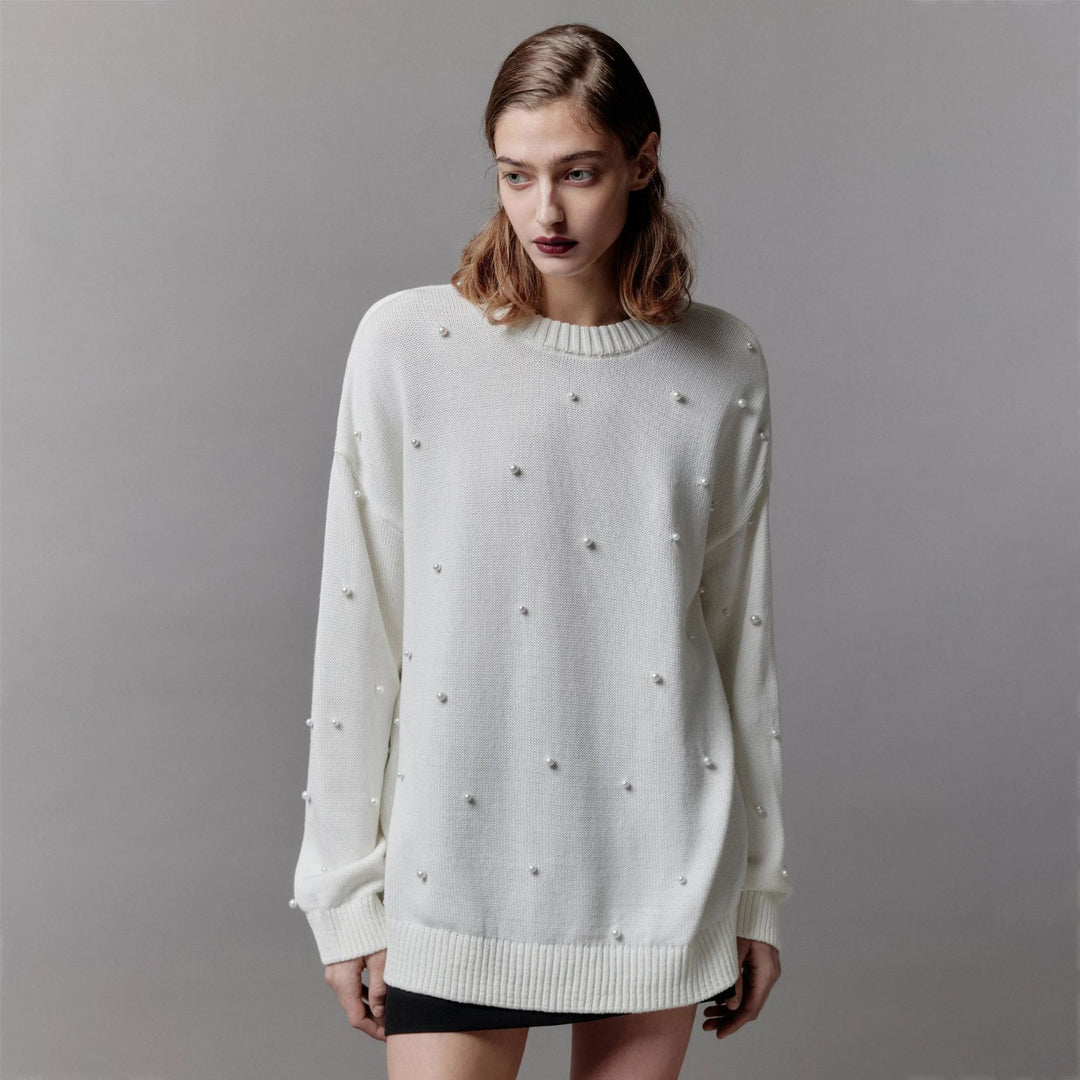 Damen Grobstrickpullover mit Perlenausschnitte Drune