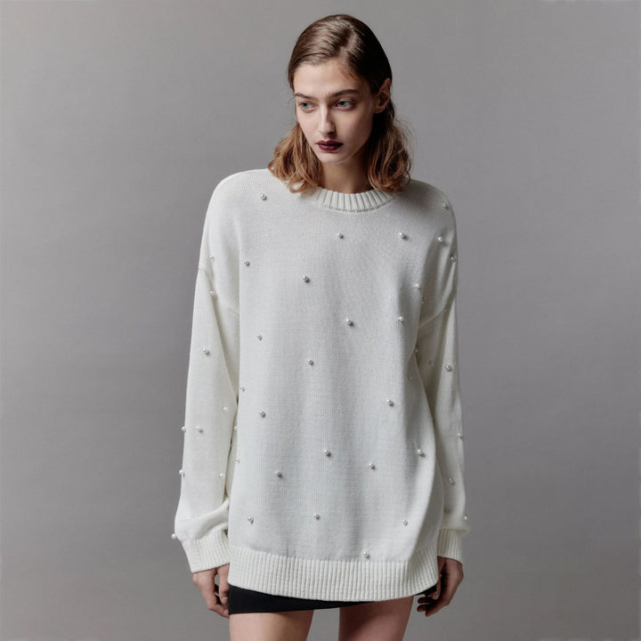 Damen Grobstrickpullover mit Perlenausschnitte Drune