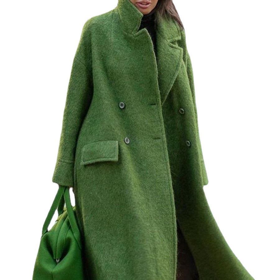 Damen nan Cape-ähnlicher doppelreihiger Wollmantel mit weitem Fall, hohem Stehkragen und Pattentaschen Drune