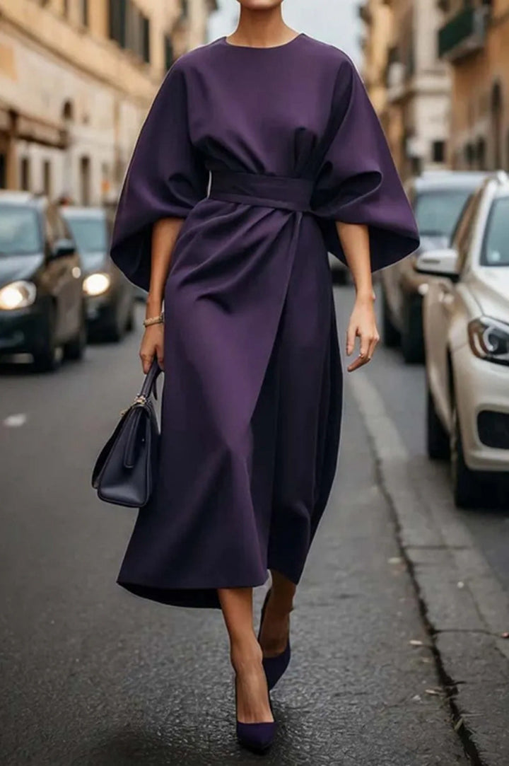 Damen elegantes Maxikleid mit oversized Ärmeln und tailliertem Gürtel Drune