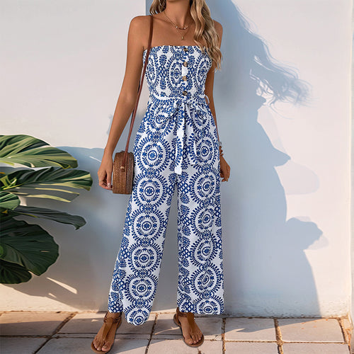 Damen lässiger Jumpsuit mit floralem Druck und praktischem Taillengürtel Drune