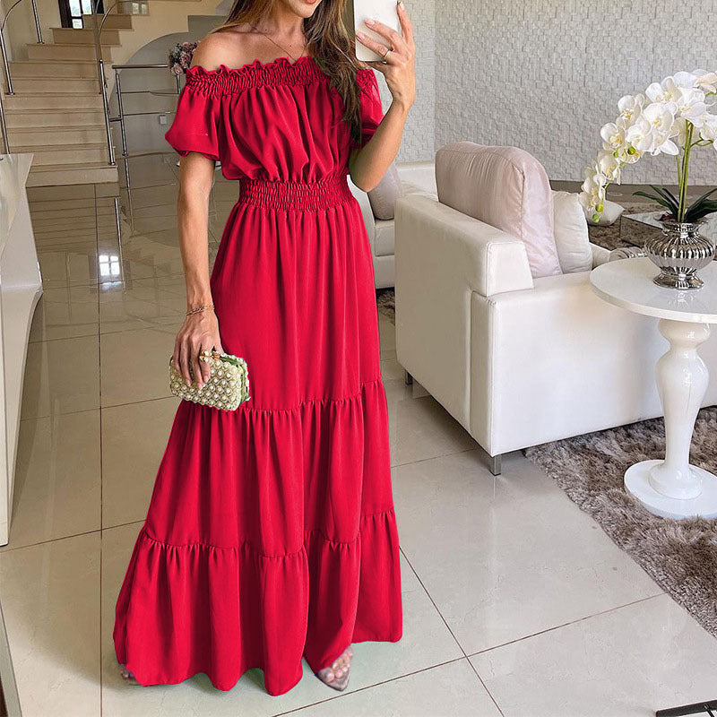 Damen Maxikleid mit schulterfreiem Design und voluminösen Rüschendetails Drune