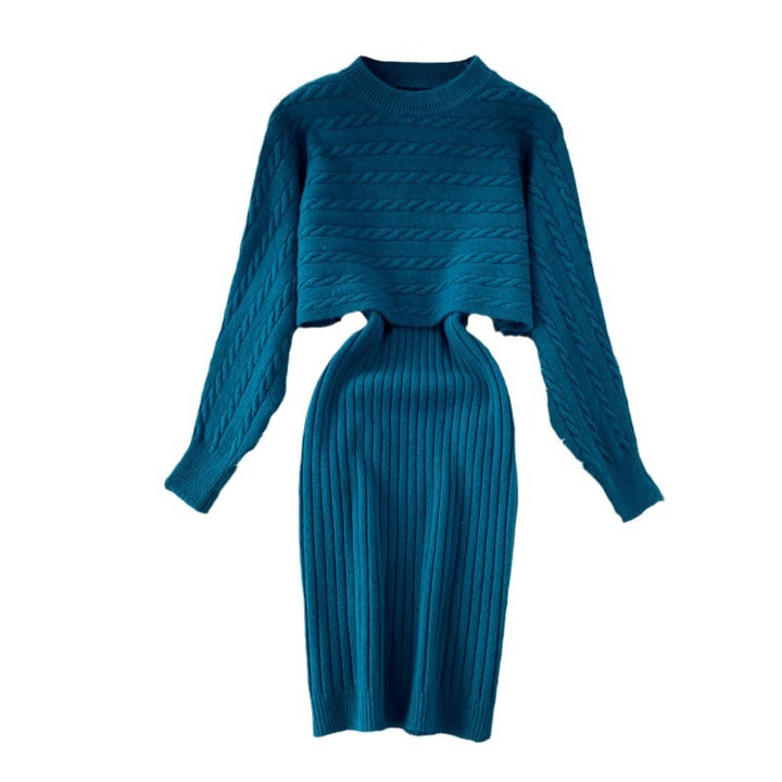 Damen modisches Zopf-Strickkleid mit cropped Pulloverteil Drune