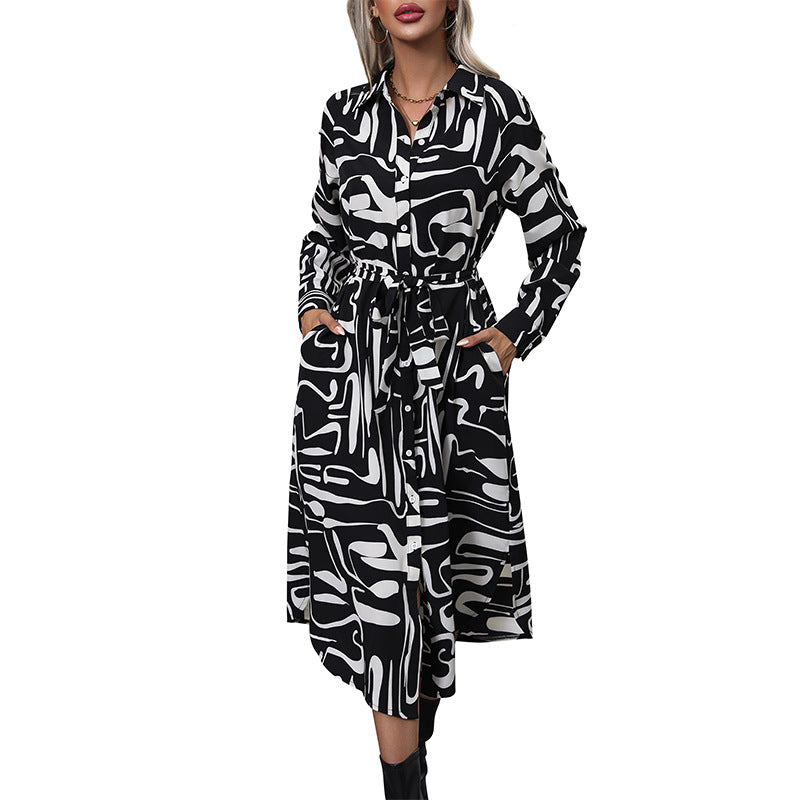 Damen Langarmhemdkleid mit modernem Muster und Taillengürtel Drune