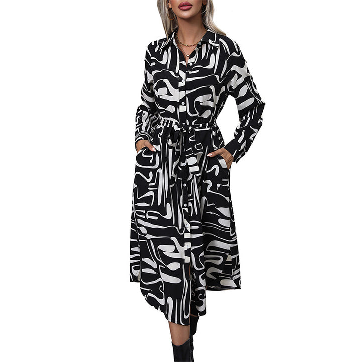 Damen Langarmhemdkleid mit modernem Muster und Taillengürtel Drune