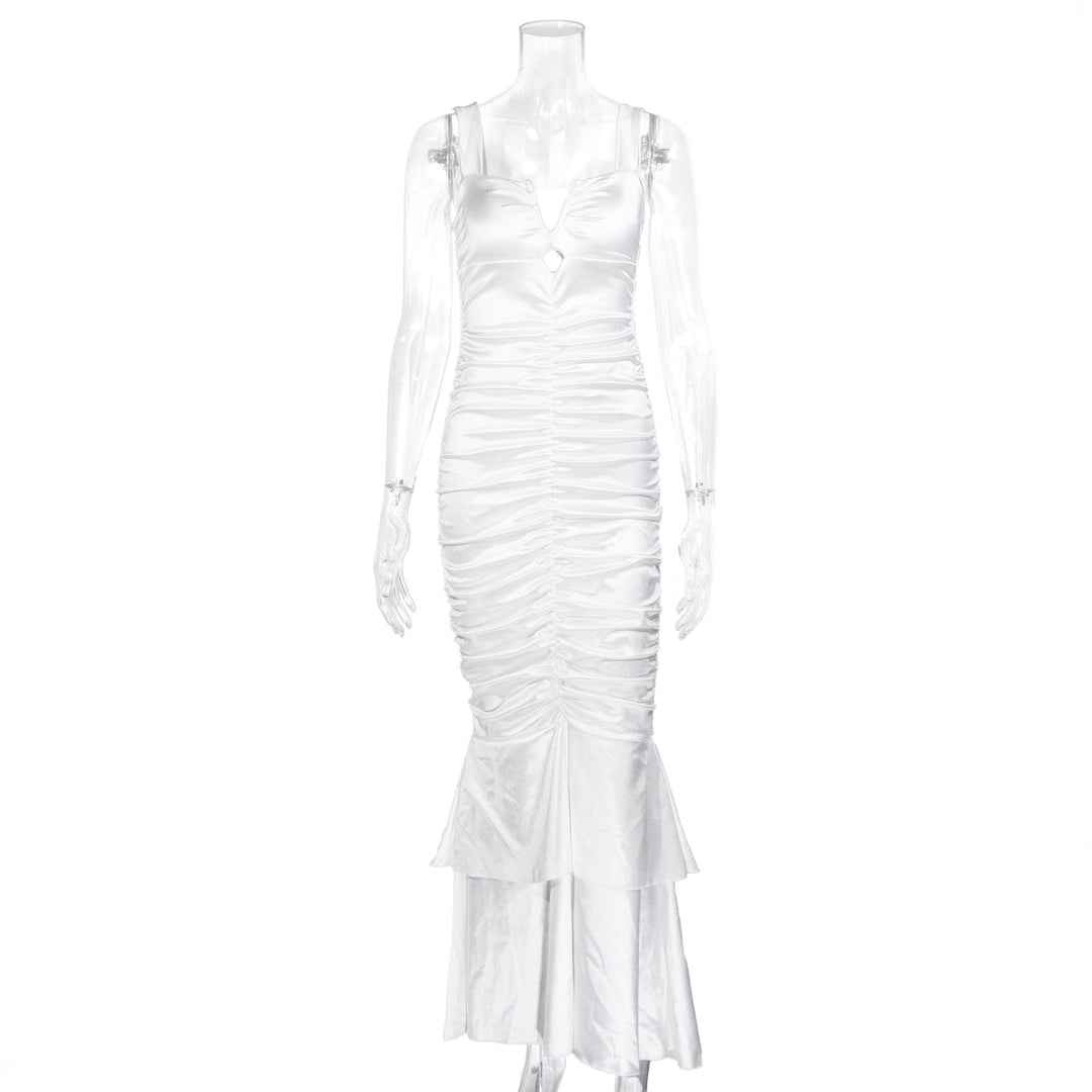Damen Figurbetontes Satin-Maxi-Kleid mit Rüschendetails Drune