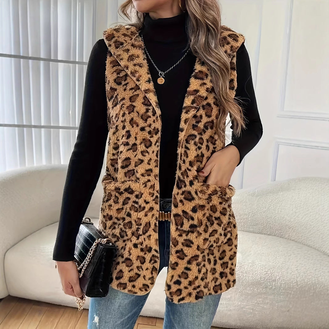 Damen Fluffy Tiermuster Weste mit Kapuze und Taschen Drune
