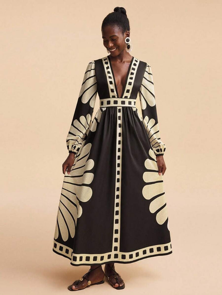 Damen Maxi-Kleid mit tiefem V-Ausschnitt und extravaganten Ärmel-Designs Drune