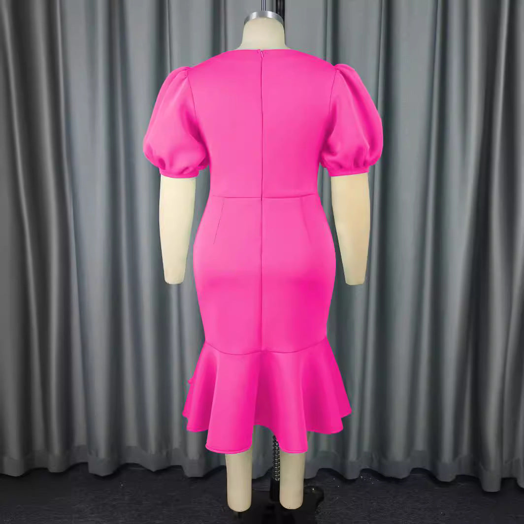 Damen figurbetontes Kleid mit voluminösen Puffärmeln und elegantem Rüschenabschluss Drune
