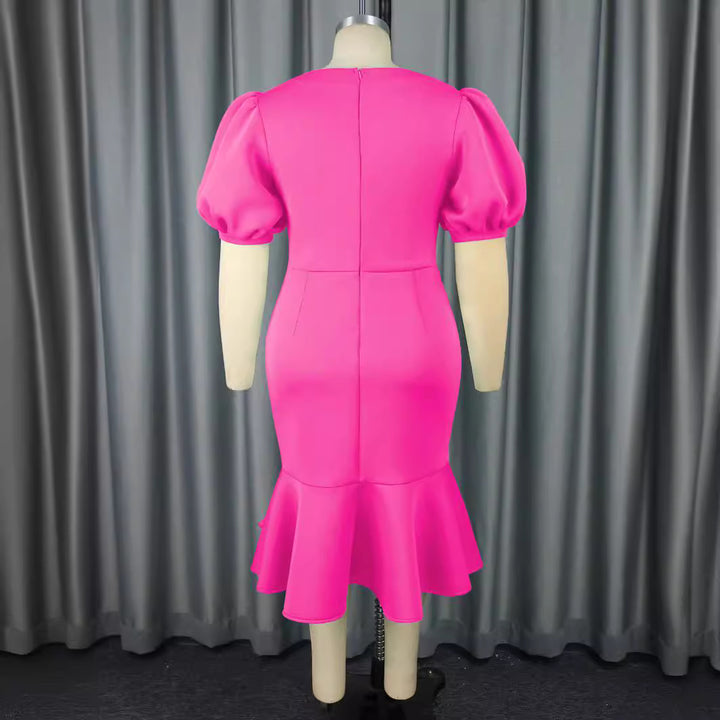 Damen figurbetontes Kleid mit voluminösen Puffärmeln und elegantem Rüschenabschluss Drune