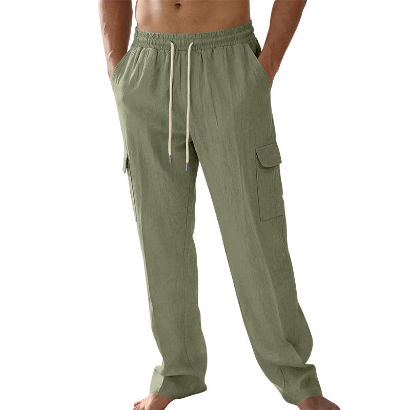 Herren nan lockere Leinen-Cargohose mit elastischem Tunnelzugbund und aufgesetzten Klappentaschen Drune
