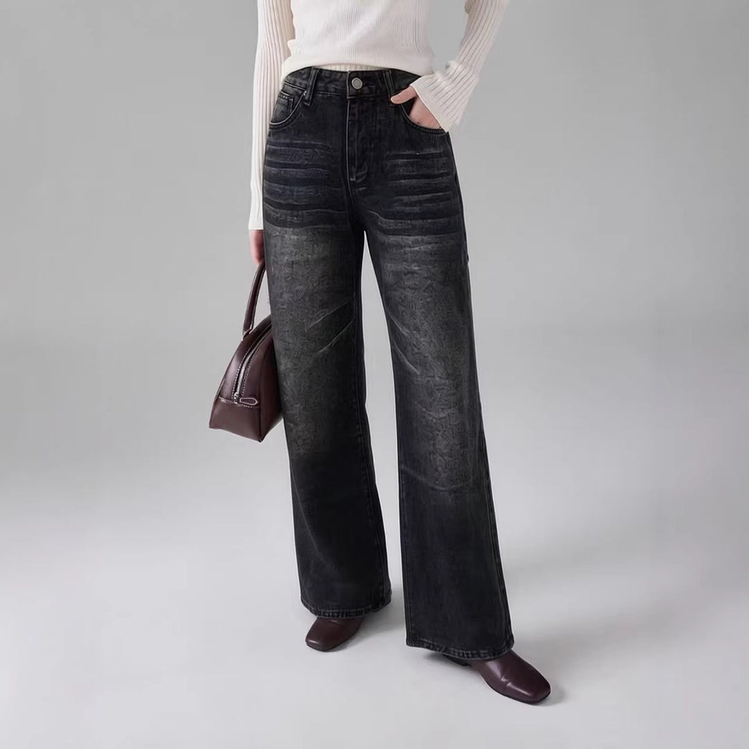 Damen weite High-Waist Jeans mit einzigartiger Textur Drune