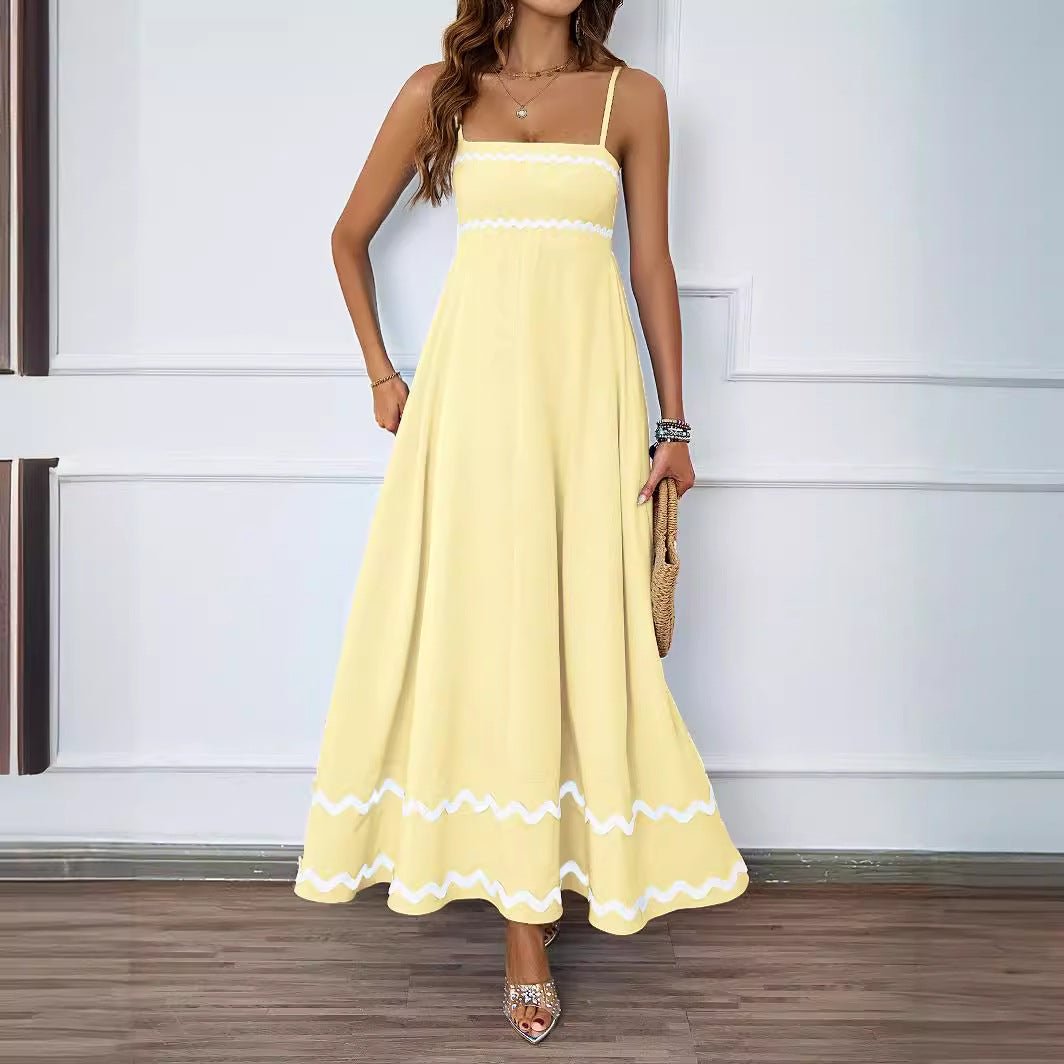 Damen Lange Maxi-Kleid mit Spaghetti-Trägern und dekorativem Saum Drune