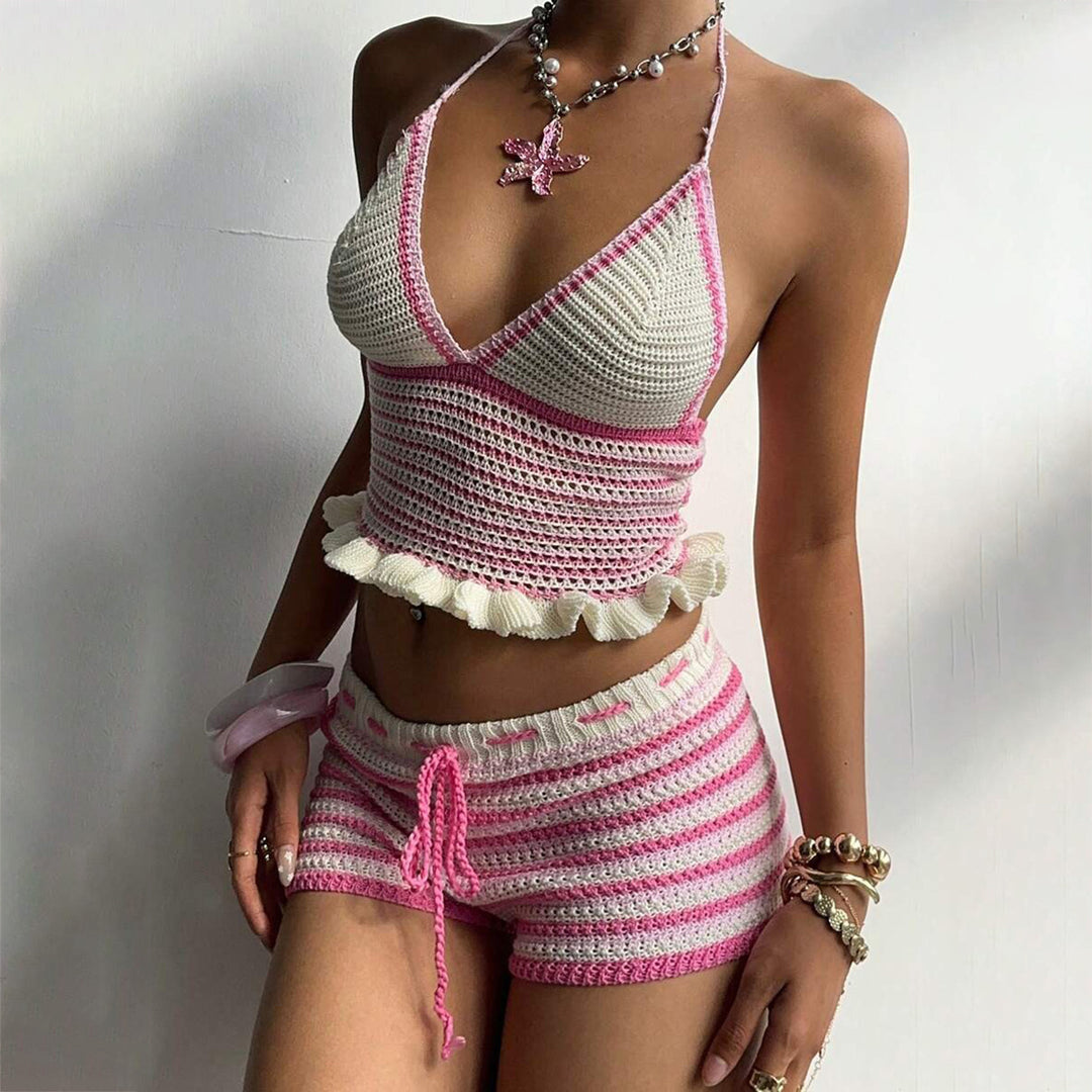 Damen Häkel-Set mit voluminösem Oberteil und Shorts Drune