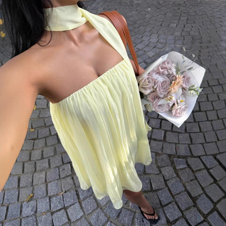 Damen kurzes Sommerkleid mit elegantem Bindegürtel und fließendem Design Drune