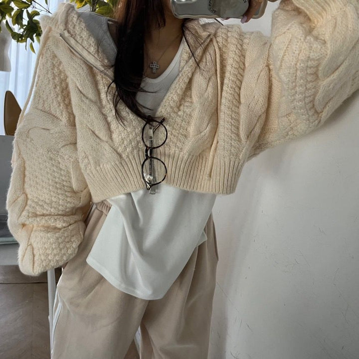 Damen Kurzer Strickpullover mit Zopfmuster und Kapuze Drune