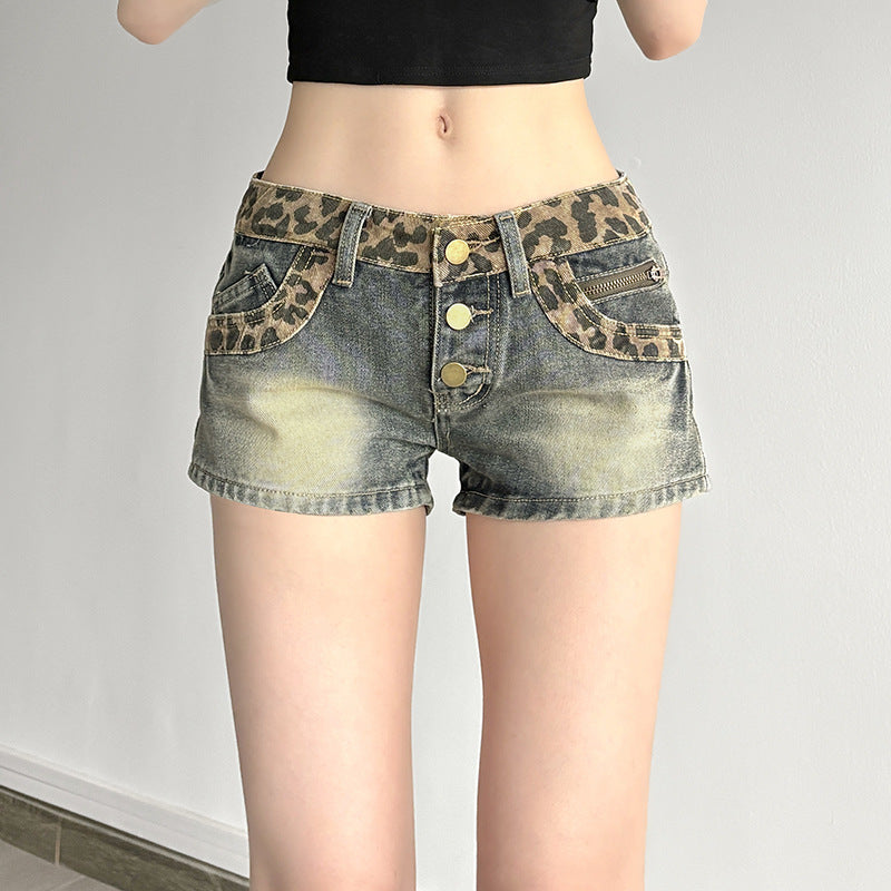 Damen Shorts im modischen Leopardenmuster mit dekorativen Knopfdetails Drune