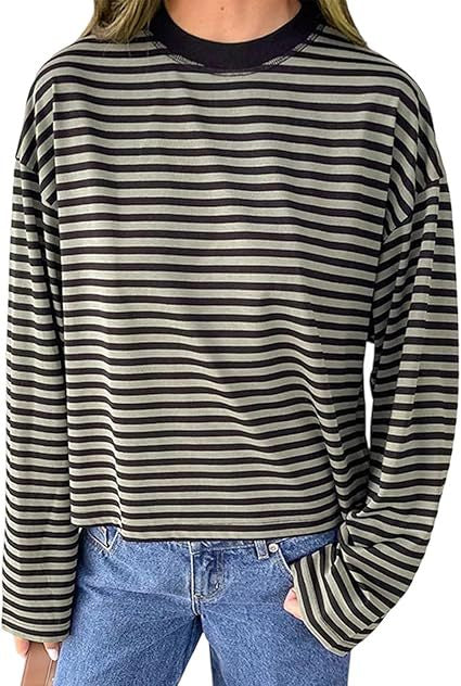 Damen bequemes Streifen-T-Shirt mit langen Ärmeln Drune