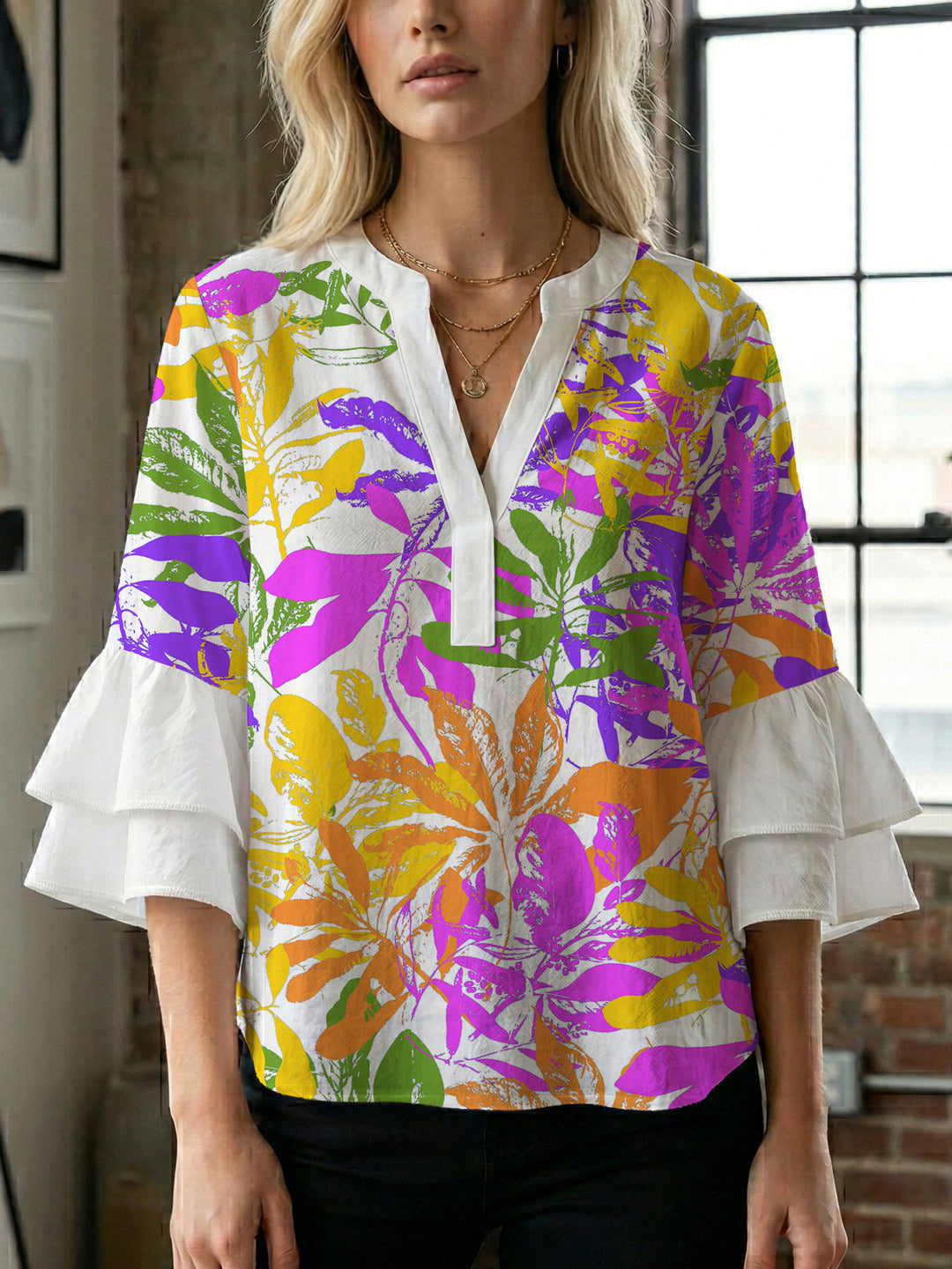 Damen Blusenshirt mit voluminösen Ärmeln und floralem Muster Drune