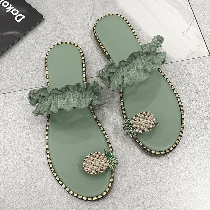 Damen nan Rüschen-Slipper mit Perlen-Ananas-Applikation und dekorativer Zierkante Drune
