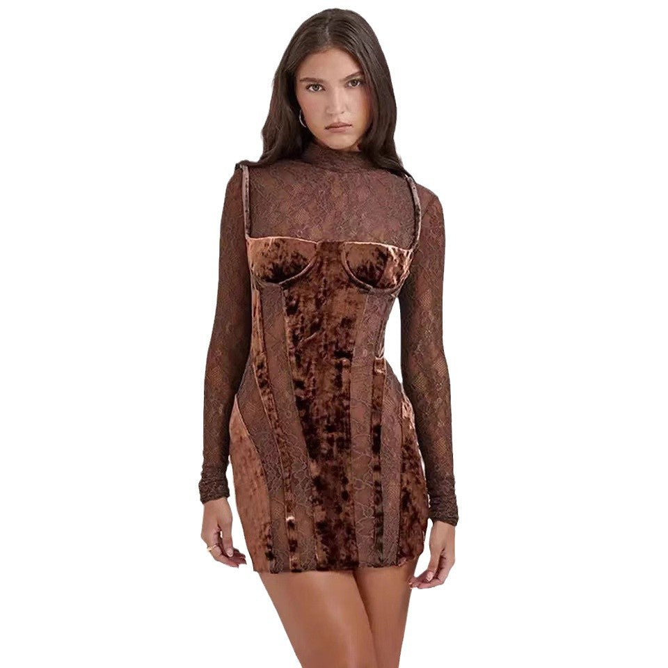 Damen elegantes Spitzen-Minikleid mit Samt-Detail und figurbetontem Schnitt Drune