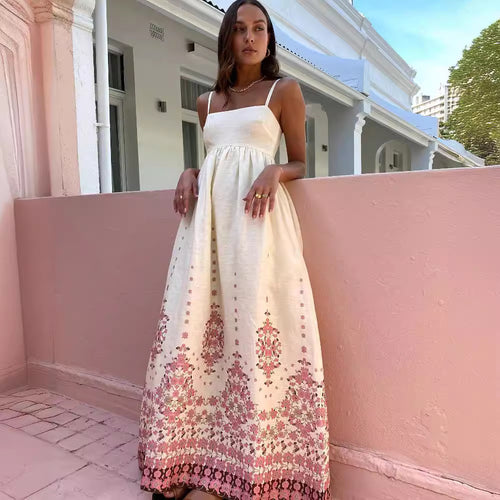 Damen Maxikleid mit exklusivem floralem Stickdesign und zarten Trägern Drune