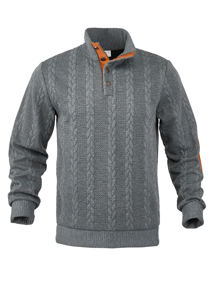 Herren nan Zopfmuster-Halbknopf-Pullover mit hohem Stehkragen und Wildleder-Ellbogenpatches Drune