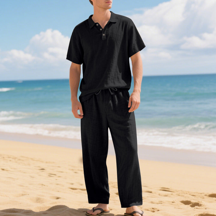 Herren nan luftiges Leinen-Ensemble mit Polokragen und regulierbarer Bundhose Drune