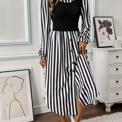 Damen Streifen Kleid mit tailliertem Oberteil und Knopfleiste Drune