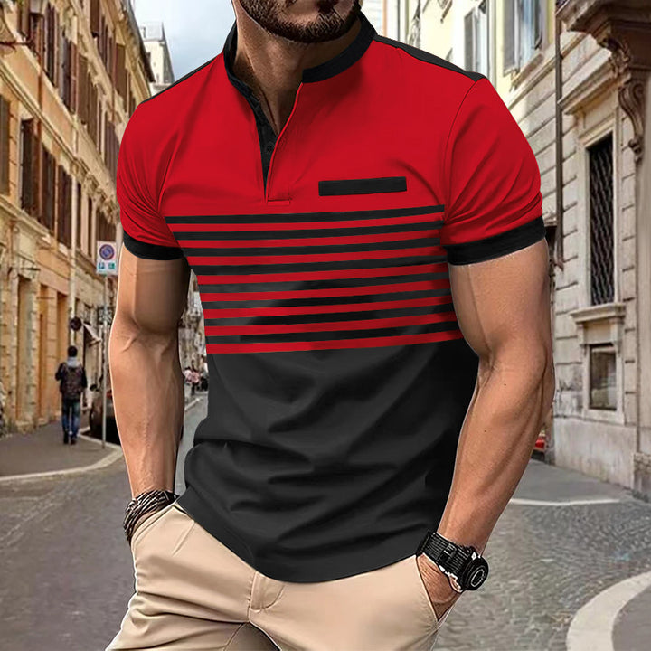 Herren nan kurzärmeliges Henley-Oberteil mit kurzer Knopfleiste, Brustpaspel und Blockstreifen Drune