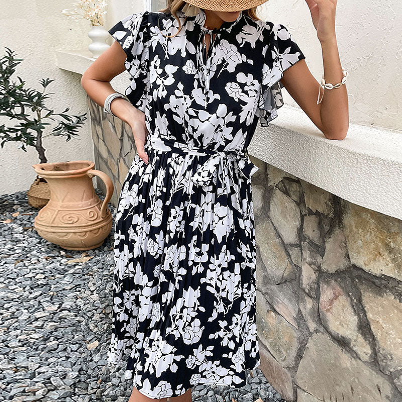 Damen elegantes Blumenkleid mit Rüschendetails und Bindegürtel Drune