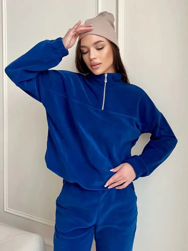 Damen Kuscheliges Fleece-Loungewear-Set mit Halb-Reißverschluss und elastischem Bund Drune