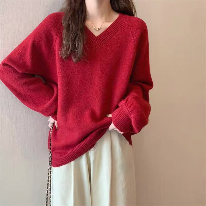 Damen Eleganter V-Ausschnitt Pullover mit feiner Stricktextur Drune