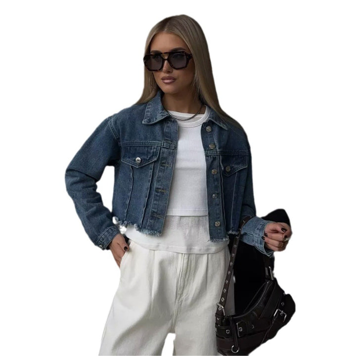 Damen cropped Denimjacke mit lässigen Fransen Drune
