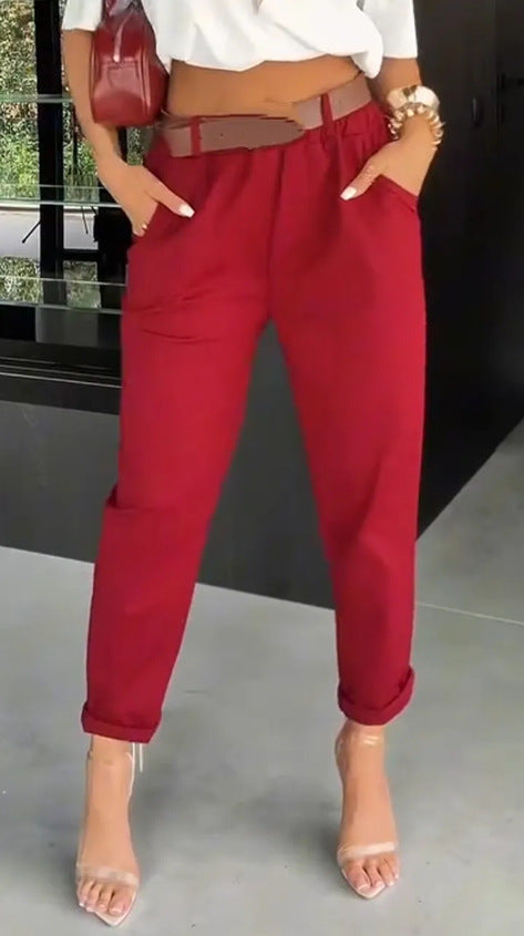 Damen moderne Chinohose mit elastischem Bund und weitem Bein Drune