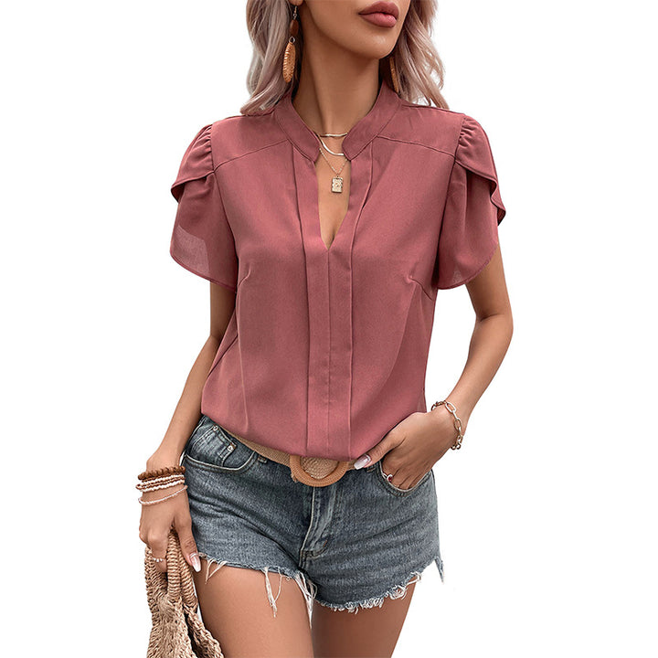 Damen elegantes Oberteil mit voluminösen Puffärmeln und V-Ausschnitt Drune