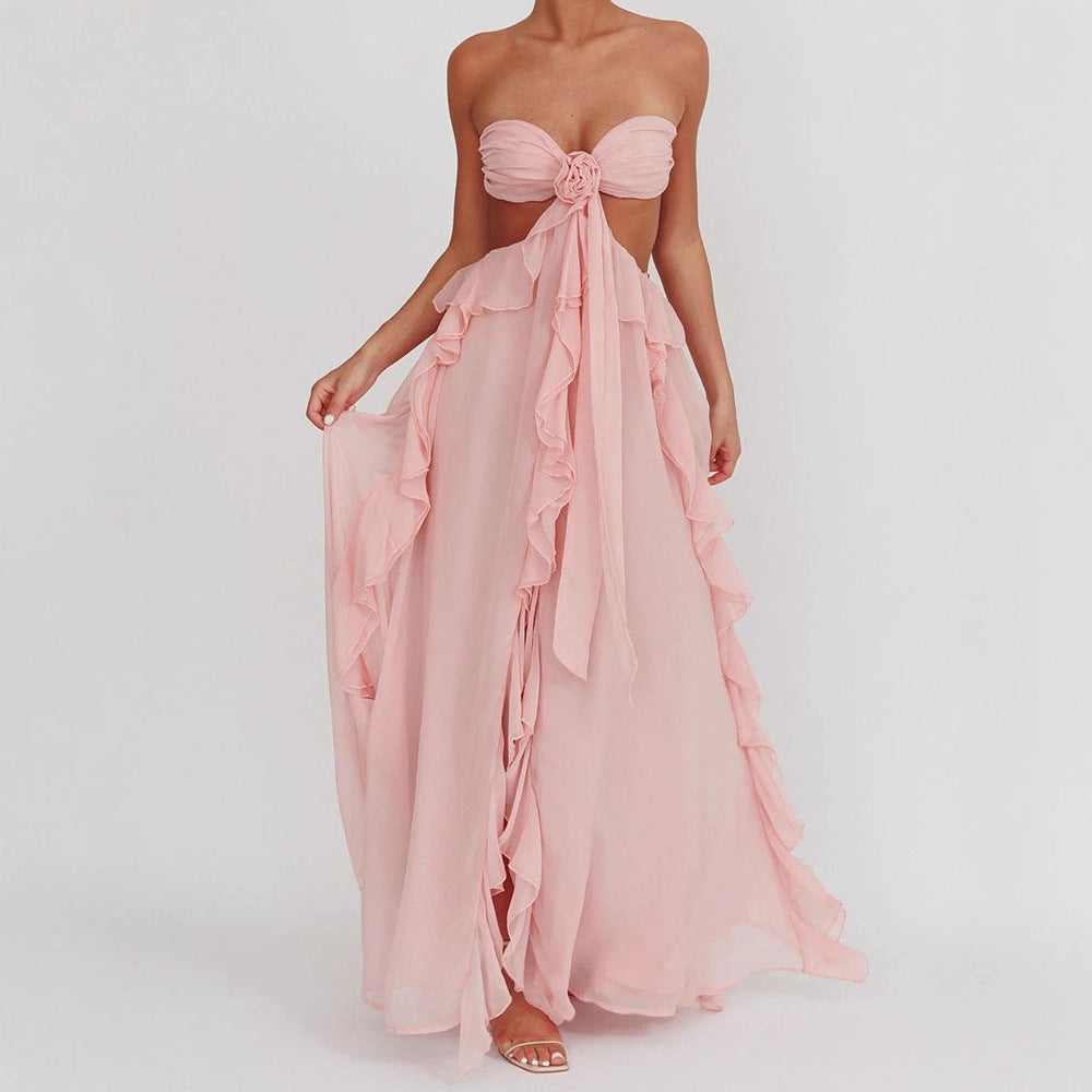 Damen Maxikleid mit Rüschen und Bandeau-Ausschnitt Drune