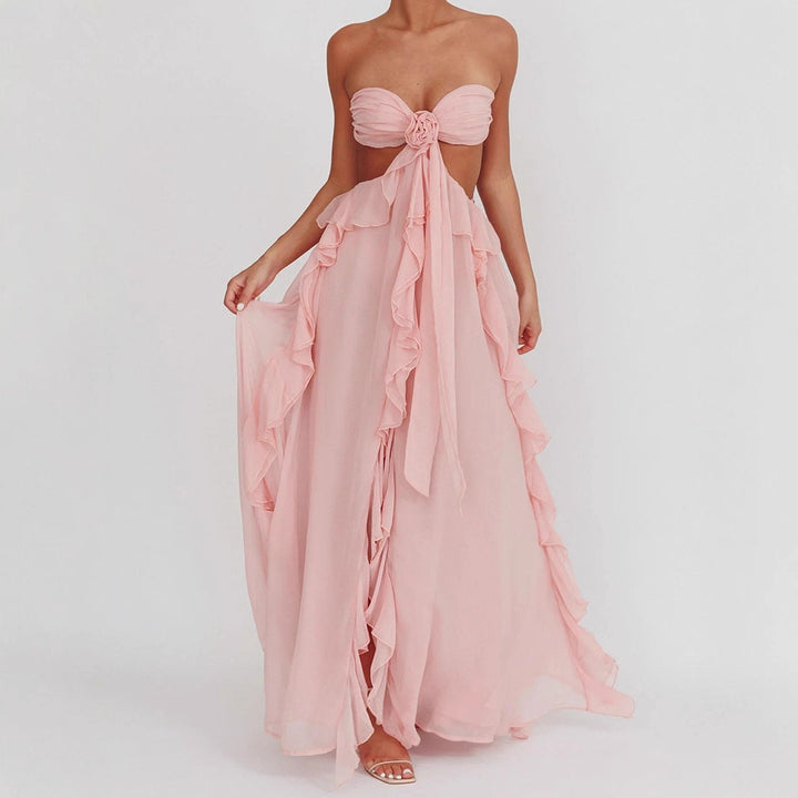 Damen Maxikleid mit Rüschen und Bandeau-Ausschnitt Drune
