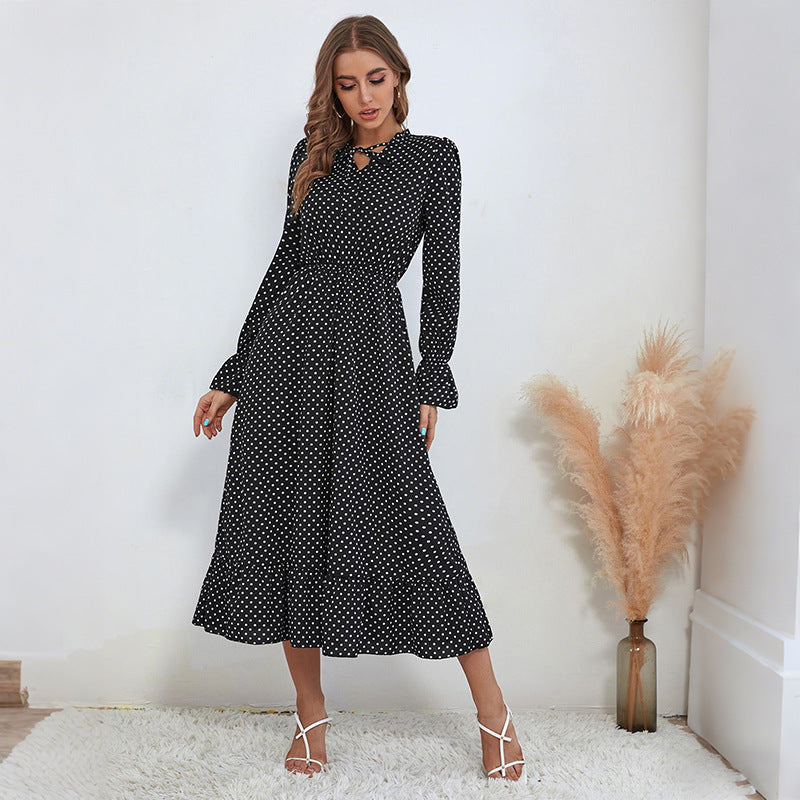 Damen Maxikleid mit eleganten Punkten und taillierbarem Gürtel Drune