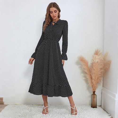 Damen Maxikleid mit eleganten Punkten und taillierbarem Gürtel Drune