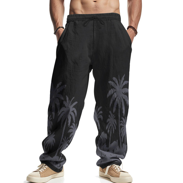 Herren nan weite Freizeit-Hose aus Baumwoll-Leinen-Mix mit Palmenprint, Elastikbund und Kordelzug Drune